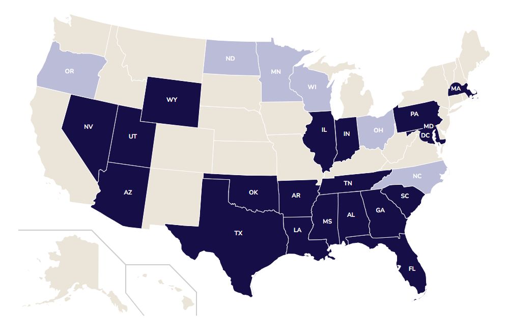 Map highlighting the states where Wichita National’s Security MYGA is available.
