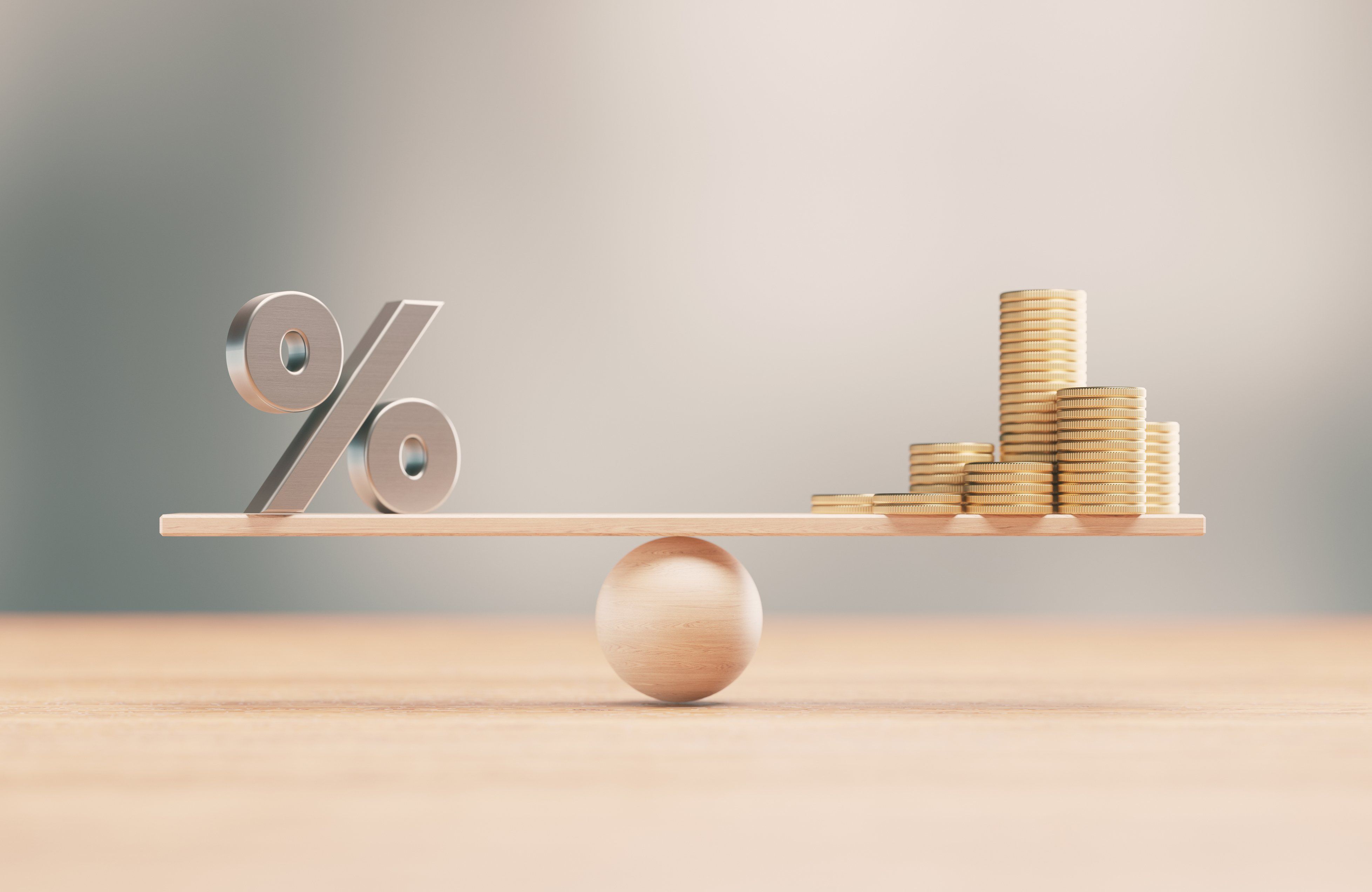 Percentage Sign And Gold Coins On A Wood Balance Scale - Finance And inflation Concept stock photo